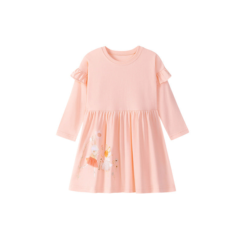 Autumn Arrival Cartoon Animals Pattern Long Sleeves Crew Neck Dress for Stylish Girls-1