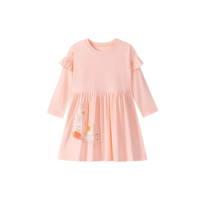 Autumn Arrival Cartoon Animals Pattern Long Sleeves Crew Neck Dress for Stylish Girls-1