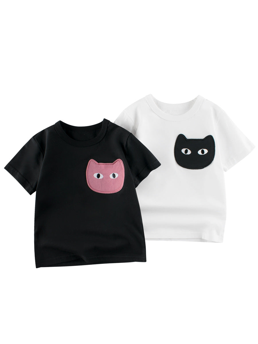 Cat Face Cartoon Pattern Girls T-Shirt In European And American Style For Summer-0