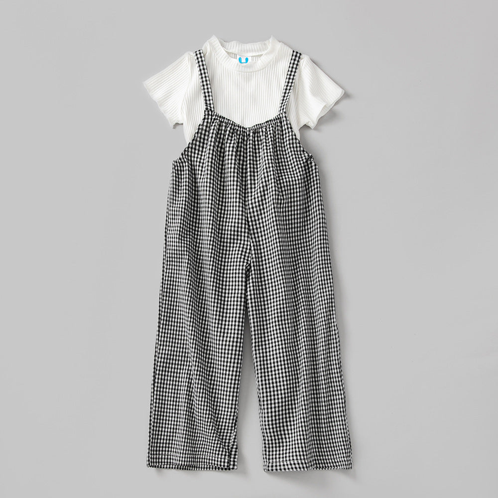 Baby Girl Solid Color Tops Combo Plaid Pattern Overalls 2-Pieces Sets-0