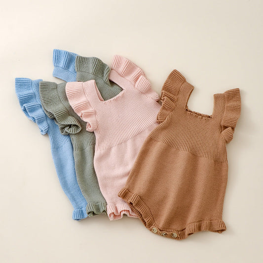 Summer New Arrival Baby Girls Solid Color Fly Sleeves Square Neck Knitted Onesies-0