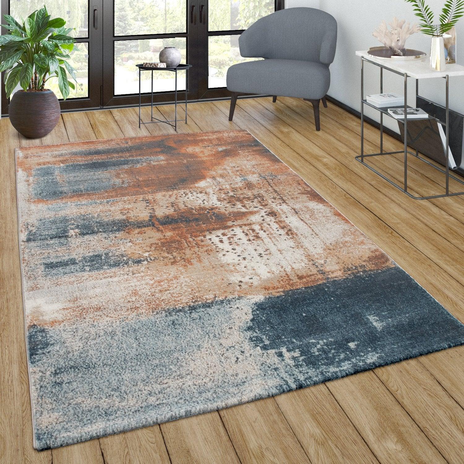 Vintage Rug Low-Pile Abstract Pattern In Orange Blue-0
